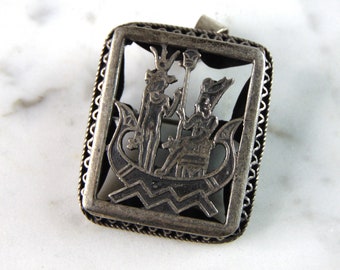 Womens Vintage Estate Sterling Silver Egyptian Brooch Pendant 11.3g E6307