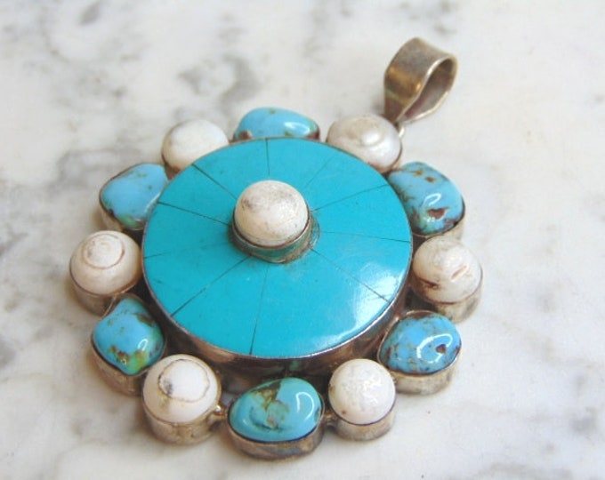 Womens Vintage Estate Sterling Silver Turquoise Stone Pendant 48.5g E4721