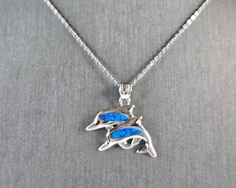 Womens Sterling Silver Blue Opal Dolphin Pendant Necklace 4.7g E3785