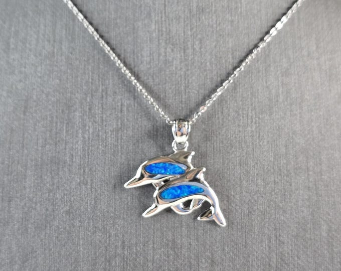 Womens Sterling Silver Blue Opal Dolphin Pendant Necklace 4.7g E3785