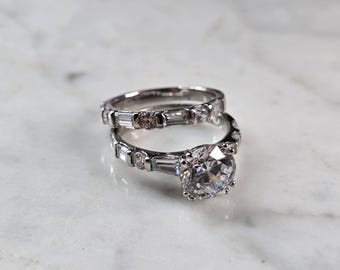 Womens Vintage Estate Sterling Silver Modernist CZ Ring Set 6.8g E3245