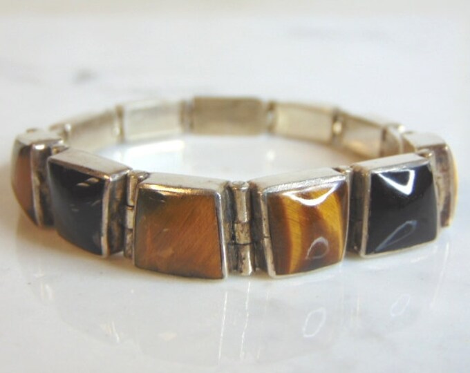 Womens Vintage Estate Sterling Silver Tiger Eye & Onyx Bracelet 33.5g E5681