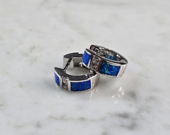 Womens Sterling Silver Modernist Blue Opal CZ Hoop Earrings 3.0g E2324