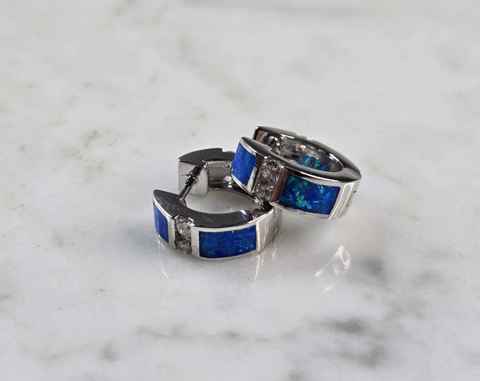 Womens Sterling Silver Modernist Blue Opal CZ Hoop Earrings 3.0g E2324