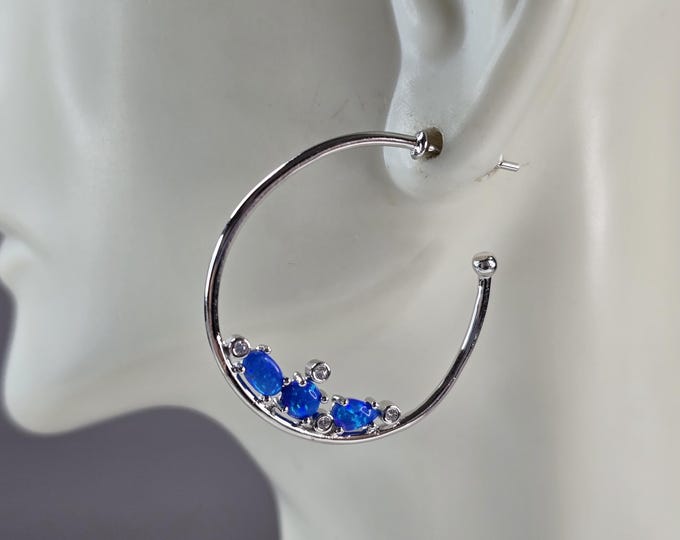 Womens Sterling Silver Modernist Blue Opal Hoop Earrings 4.0g E3152