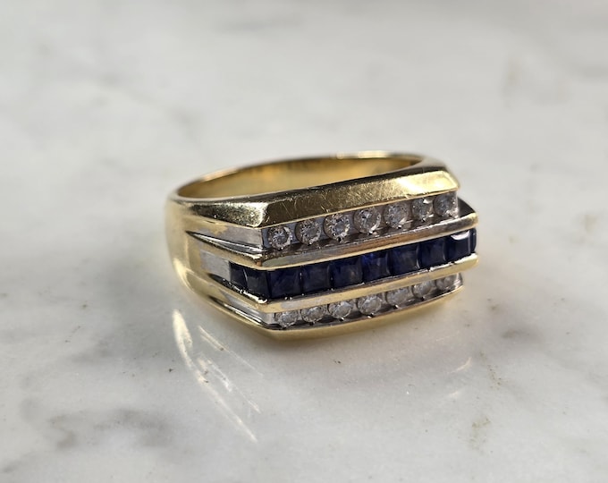 Mens Vintage Estate 14K Yellow Gold Diamond & Sapphire Ring 10.8g E3944
