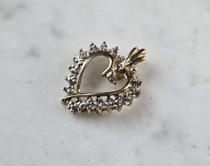 Womens Vintage Estate 10K Yellow Gold Diamond Heart Pendant 1.4g E3354