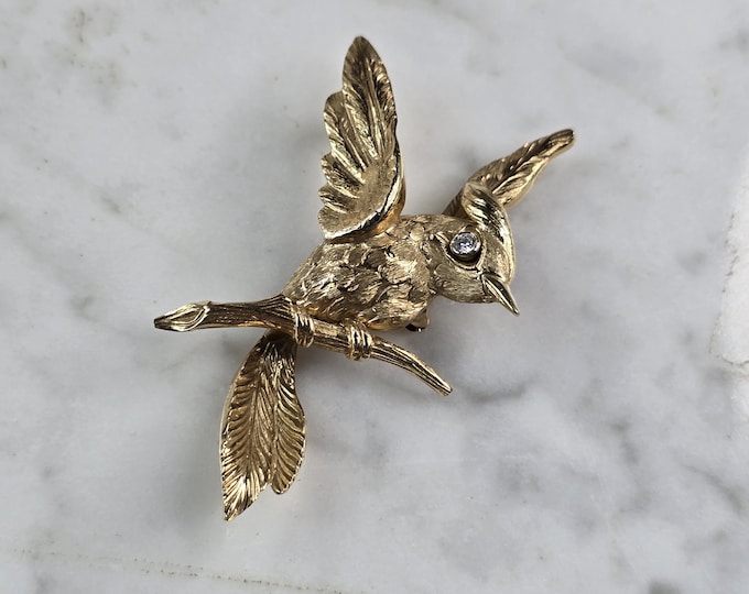 Womens Vintage Estate 14K Gold Diamond Bird Brooch 7.1g E999