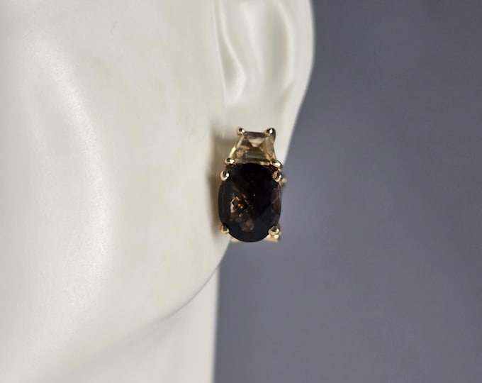 Womens Vintage Estate Sterling Silver Gold Tone Smoky Quartz Earrings 5.1g E7670