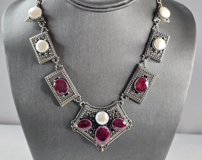 Womens Estate Sterling Silver Natural Ruby Pearl Pendant Necklace 57.2g E3031