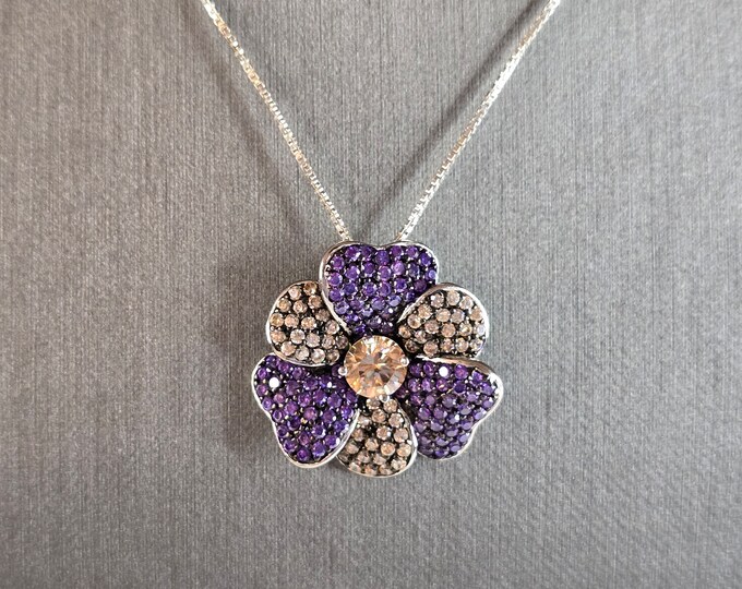 Womens Estate Sterling Silver Flower Pendant Necklace 9.5g E6188