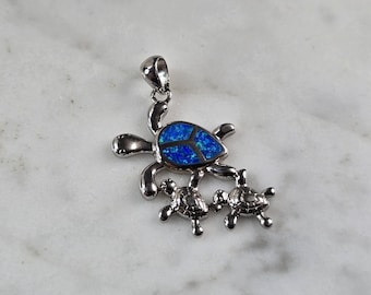 Womens Sterling Silver Blue Opal Sea Turtle w/ Babies Pendant 3.7g E6115