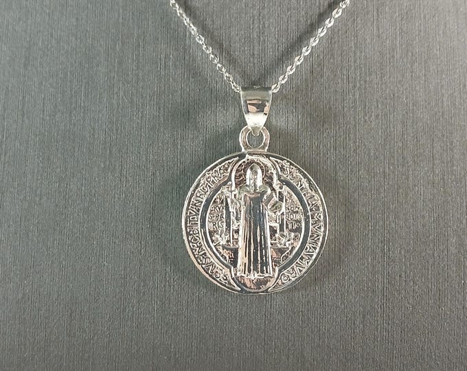Womens Sterling Silver Religious St Benedict Cross Pendant Necklace 7.5g E7097