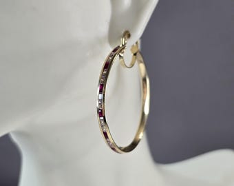 Womens 14K Yellow Gold Ruby & CZ Hoop Earrings, 4.5g E3762