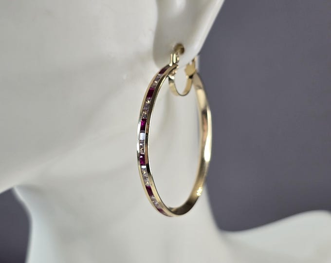 Womens 14K Yellow Gold Ruby & CZ Hoop Earrings, 4.5g E3762