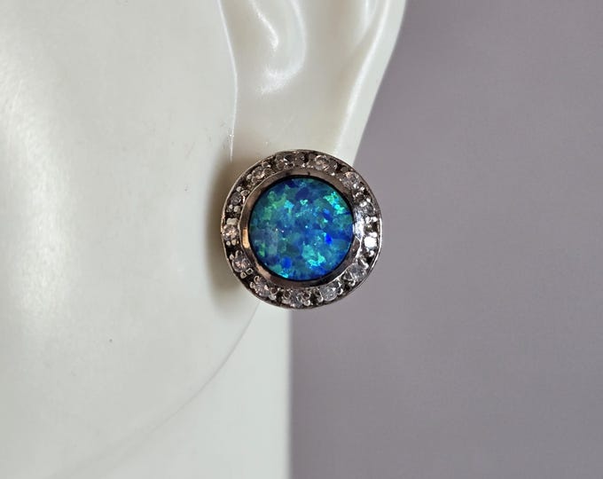 Womens Vintage Estate Sterling Silver Opal CZ Stud Earrings 5.0g E1322