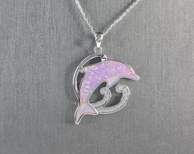 Womens Sterling Silver Pink Opal Dolphin Pendant Necklace 6.7g E4667
