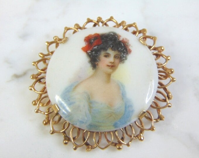 Vintage Estate 14K Gold Hand Painted Porcelain Brooch 15.5g E3025