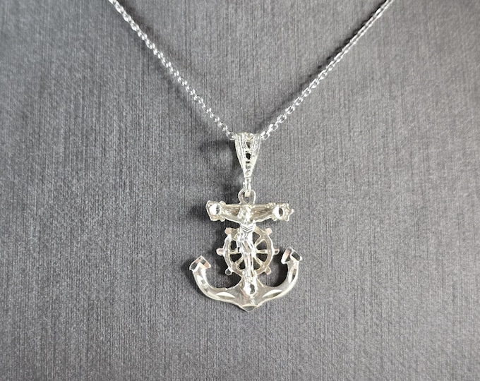 Vintage Estate Sterling Silver Maritime Jesus Anchor Pendant Necklace 3.9g E1657