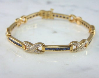 Womens Vintage Estate 14K Gold Diamond & Sapphire Bracelet  13.4g E2181