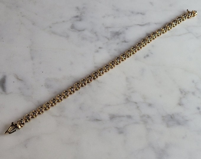 Womens Vintage Estate 14K Yellow Gold Diamond Tennis Bracelet 14.3g E7009