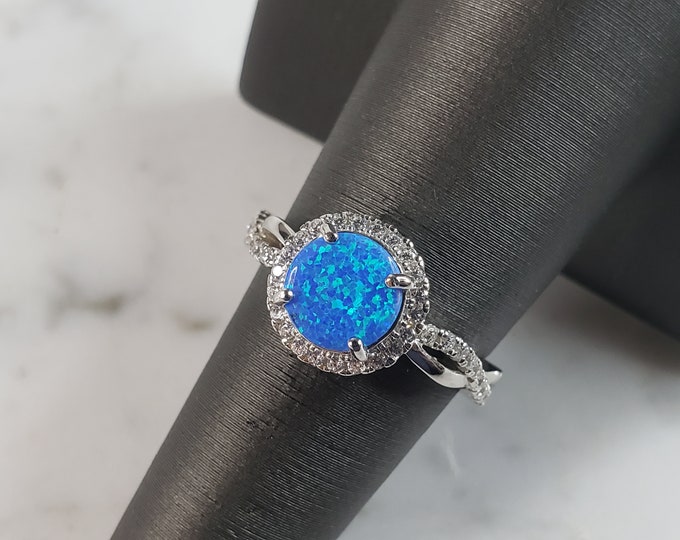 Womens Estate Sterling Silver Modernist Blue Opal & CZ Ring 3.3g E1427
