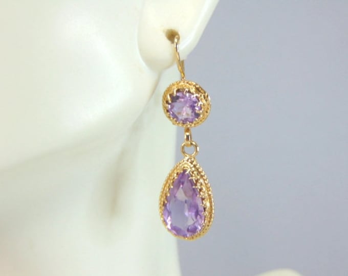 Pr Womens Vintage Estate 14K Gold Amethyst Earrings 5.4g E997