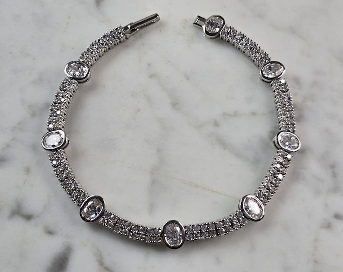 Womens Vintage Estate Sterling Silver CZ Anklet Tennis Bracelet, 16.5g E3694