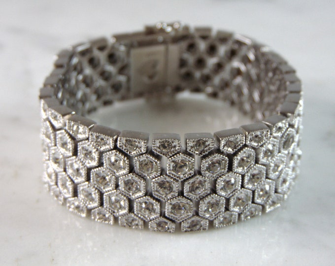 Womens Vintage Estate Sterling Silver Heavy CZ Bracelet 68.2g E1950