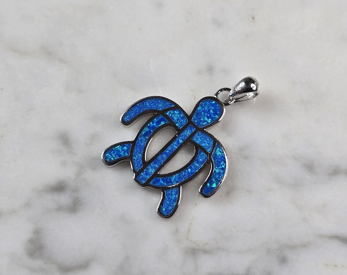 Womens Sterling Silver Blue Opal Sea Turtle Pendant 5.2g E5810