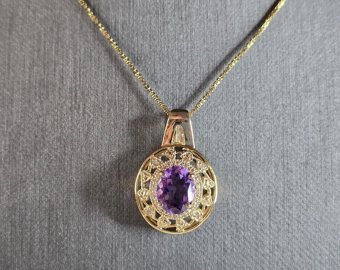 Womens Estate Sterling Silver Gold Tone Amethyst Pendant Necklace 6.3g E7858