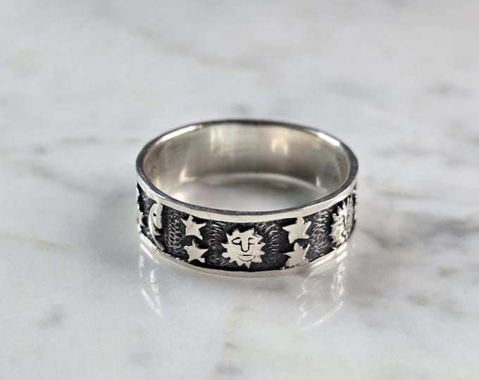 Womens Vintage Estate Sterling Silver Sun Stars & Moon Band Ring 5.6g E7332