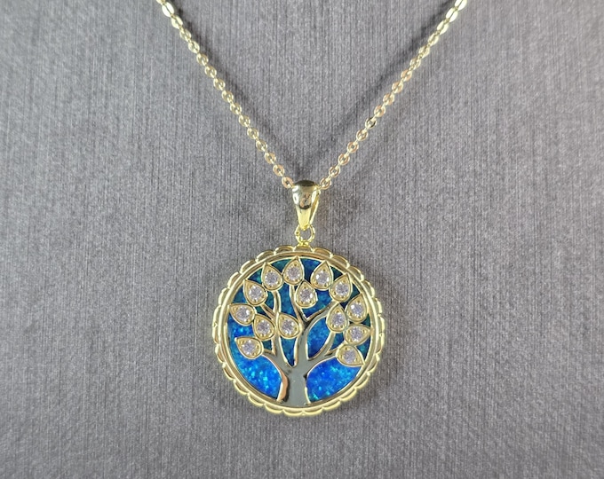 Womens Sterling Silver Gold Tone Opal Tree of Life Pendant Necklace 7.4g E3646