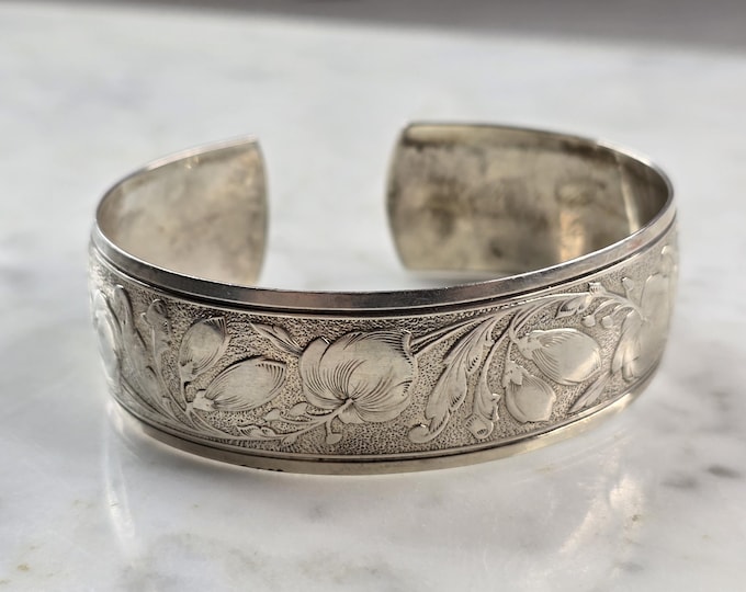 Womens Vintage Estate Sterling Silver Danecraft Floral Cuff Bracelet 18.1g E5199