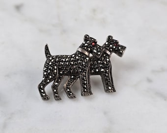Womens Vintage Estate 835 German 835 Silver Marcasite Terrier Dogs Brooch E1656