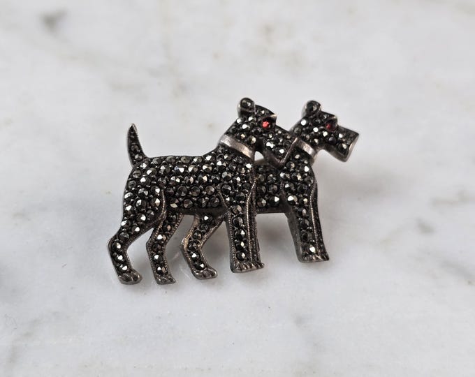 Womens Vintage Estate 835 German 835 Silver Marcasite Terrier Dogs Brooch E1656