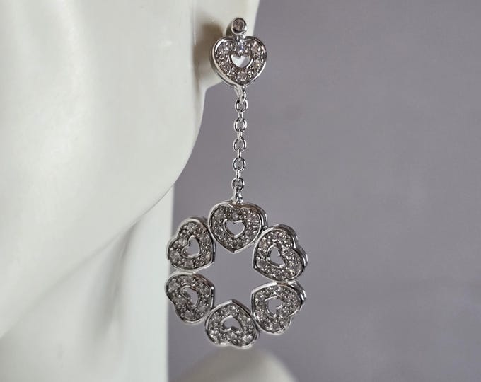 Womens Vintage Estate Sterling Silver CZ Dangle Heart Earrings 6.6g E7679