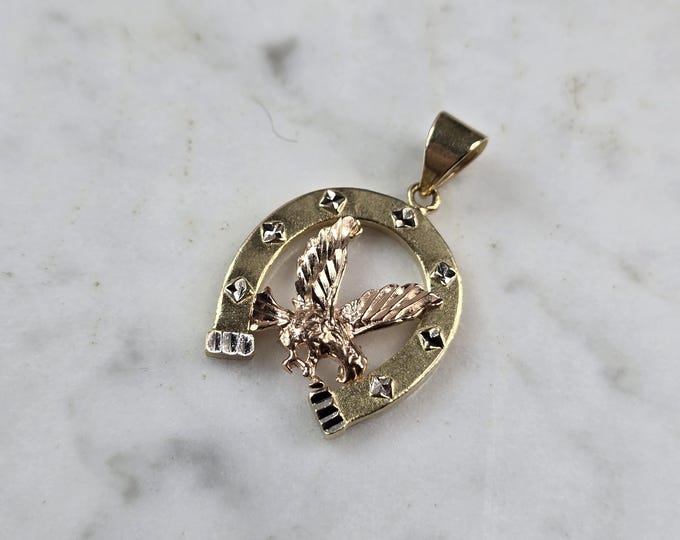 Womens Vintage Estate 14k Mixed Gold Horseshoe Eagle Pendant 3.8g E6569
