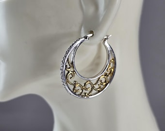 Womens Estate Sterling Silver Gold Tone Hoop Modernist Earrings 10.8g E1984