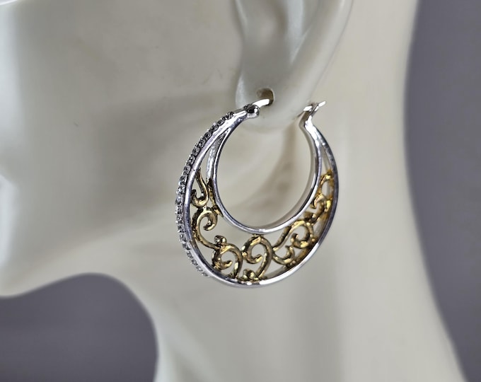 Womens Estate Sterling Silver Gold Tone Hoop Modernist Earrings 10.8g E1984