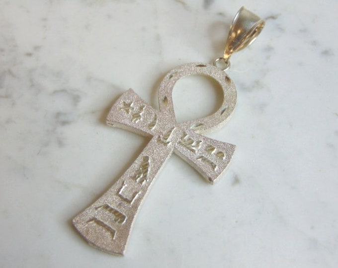 Vintage Estate Sterling Silver Religious Egyptian Hieroglyphics Cross Pendant 22.7g E3164