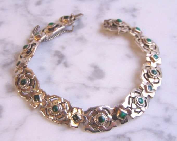 Womens Vintage Estate Sterling Silver Malachite Bracelet  36.3g E1318