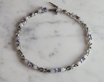 Womens Vintage Estate 10K Gold Opal Tanzanite Tennis Bracelet 7.7g E6927