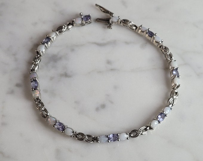 Womens Vintage Estate 10K Gold Opal Tanzanite Tennis Bracelet 7.7g E6927