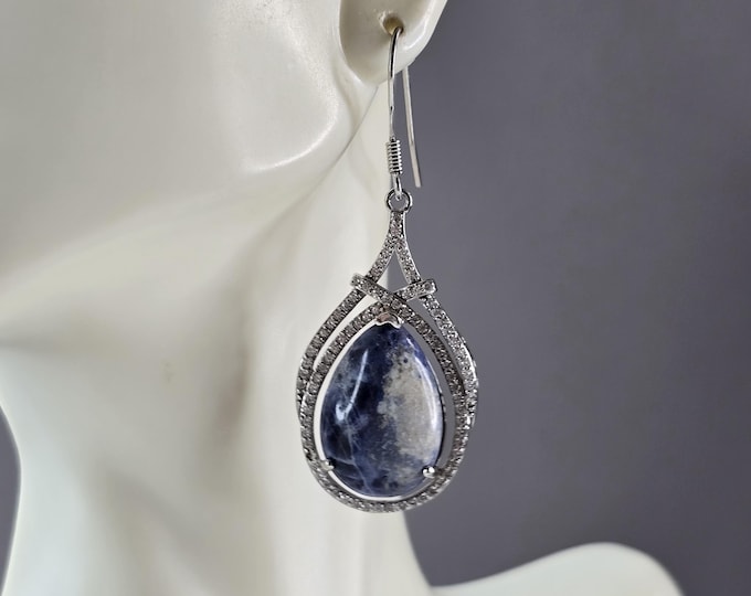 Pr Womens Sterling Silver Sodalite CZ Dangle Earrings 11.0g E6506