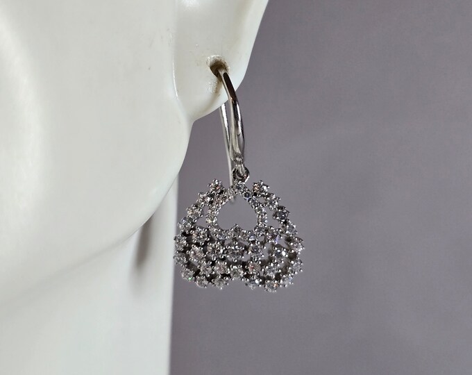 Womens Vintage Estate Sterling Silver CZ Dangle Heart Earrings 4.5g E7797