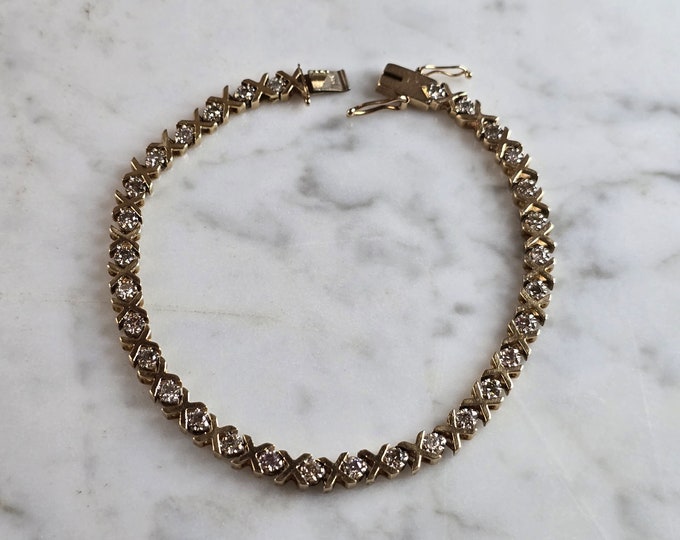 Womens Vintage Estate 14K Yellow Gold Diamond Tennis Bracelet 10.3g E6593