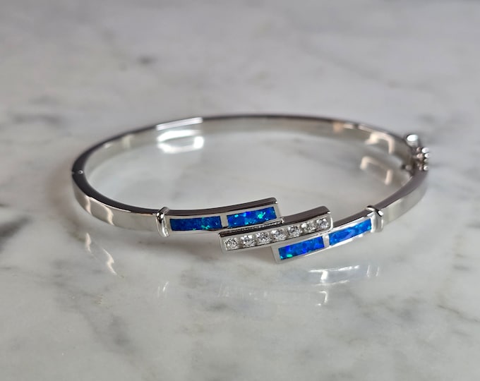 Womens Estate Sterling Silver Modernist Opal Bangle Bracelet 13.5g E7409