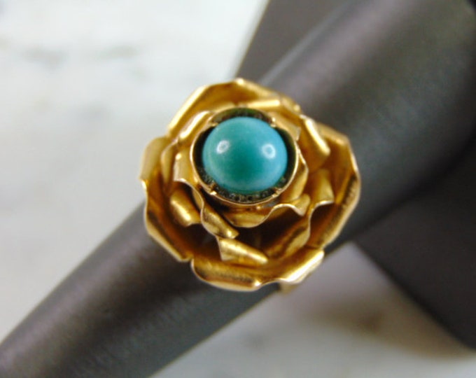 Womens Vintage Estate 18K Gold Flower Turquoise Ring, 8.1g E917