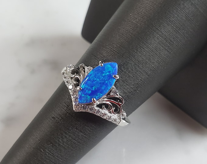 Womens Estate Sterling Silver Modernist Blue Opal Ring 3.4g E1719